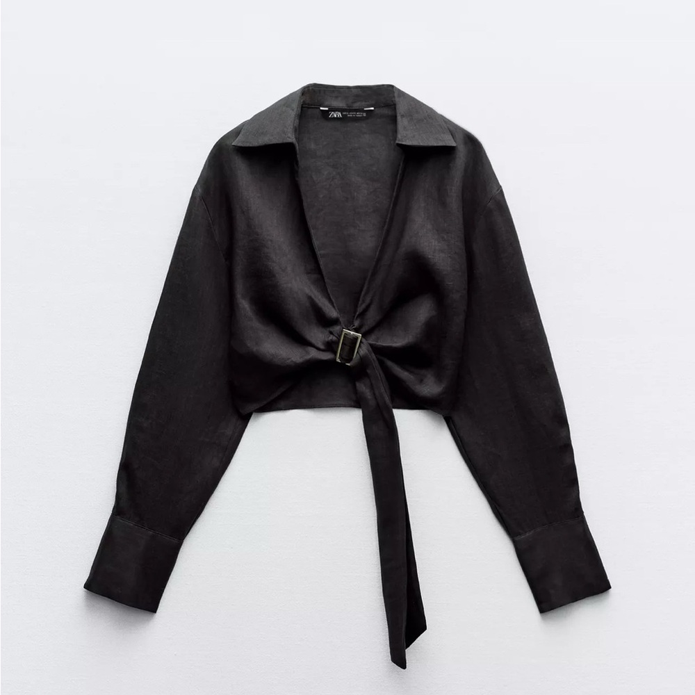Black Tie-Front Blouse